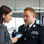 **

A New Zealander immigration officer at an airport interview a traveler, showing passport scanning and finger print check. The traveler is in formal dress and gives honest answers. The airport immigraton area is neat and well lit.

**
